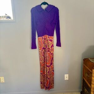 Vintage 60s 70s Psychedelic Paisley Maxi Dress with Corset Vinyl Belt